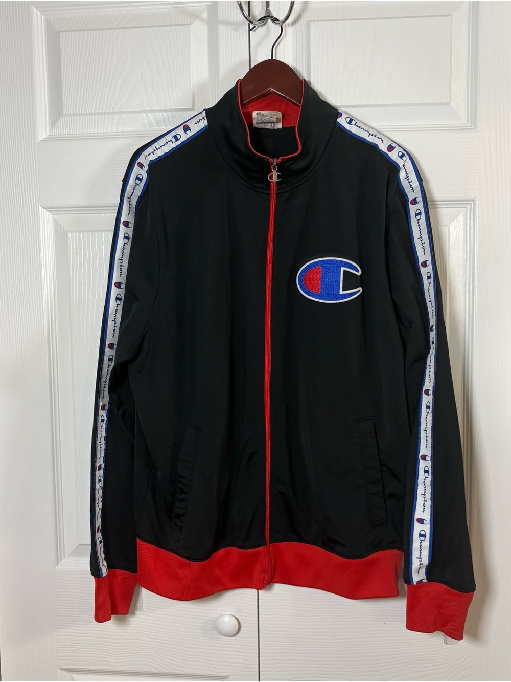 Champion XL Big C Logo Tape Track Jacket Retro Streetwear Black Red